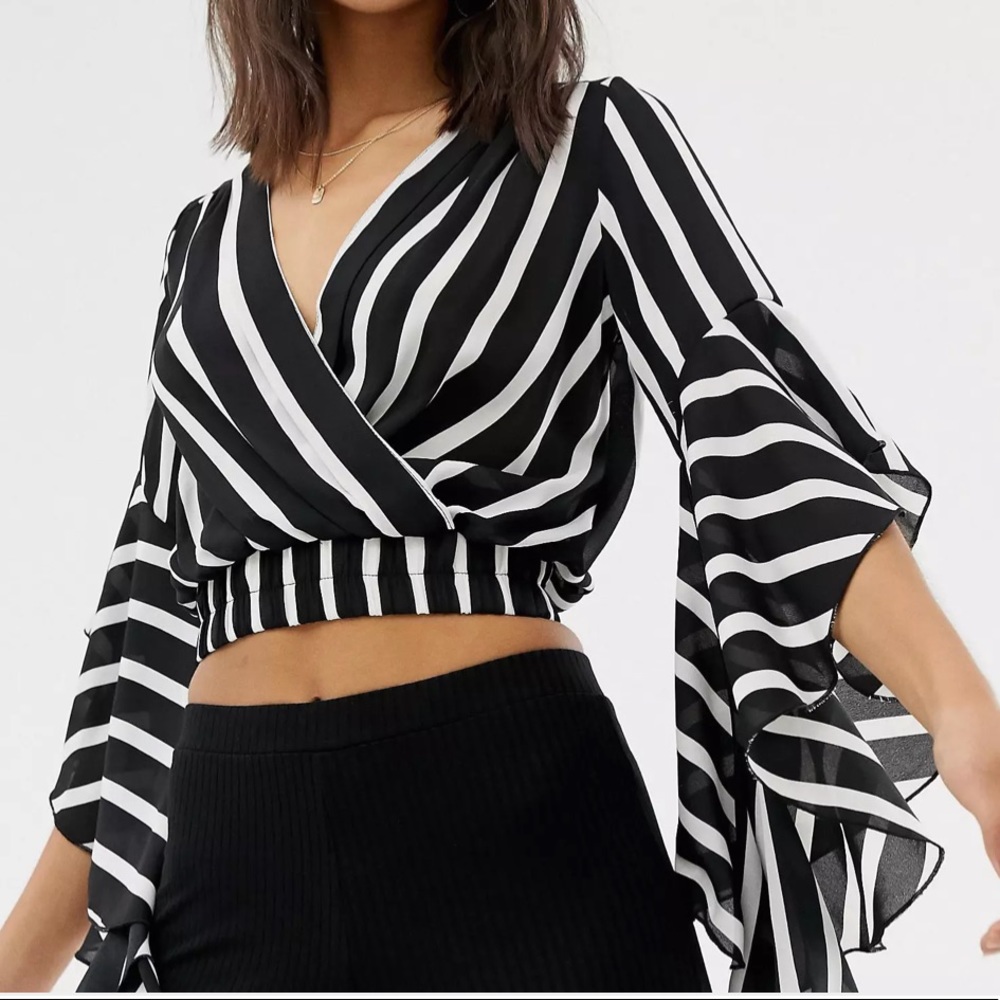CHARLOTTE RUSSE Black Striped Flared Sleeve Ballet Wrap Crop Top S NWT